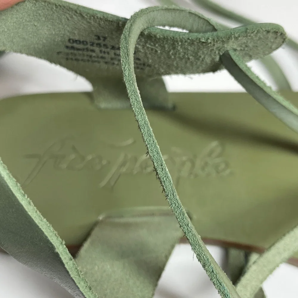 Sz 6.5 Free People Sage Green Leather Lace Up Gladiator Tassel Sandals 37 Boho